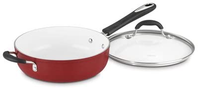Cuisinart Elements Saute Pan w/helper handle & Cover: 5.5 qt, white ceramic non-stick, red | 5933-30HR