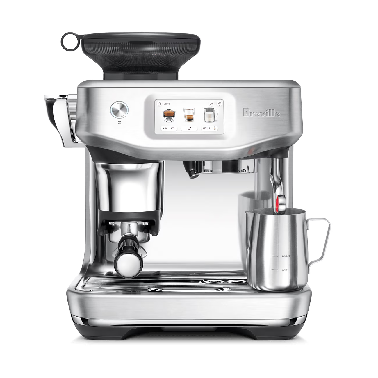 Breville The BARISTA TOUCH IMPRESS Espresso Maker in brushed stainless steel with a touchscreen interface, a portafilter, and a milk jug included.