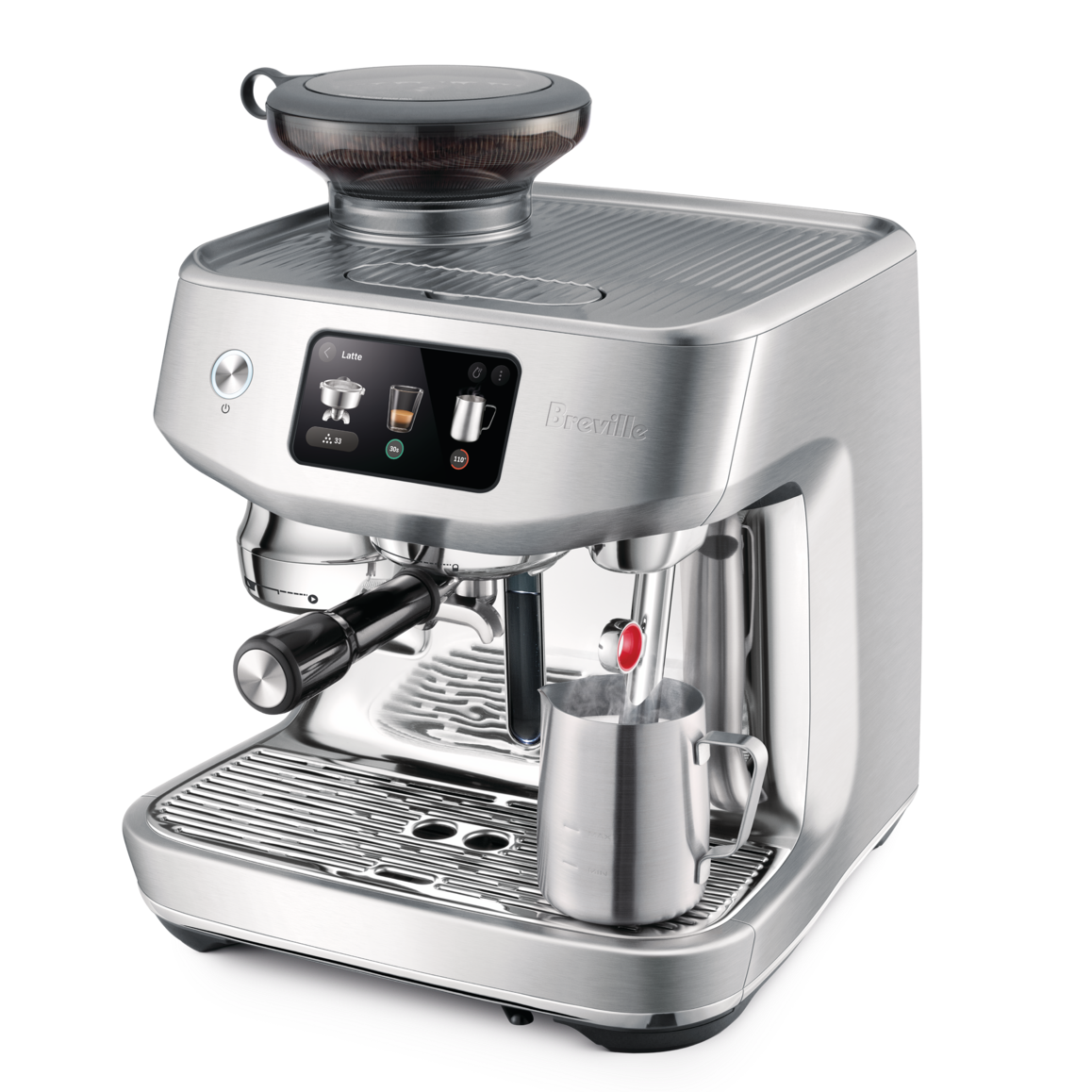 Breville ORACLE JET Espresso Maker with touch screen, ThermoJet, and Auto MilQ technology in brushed stainless steel.