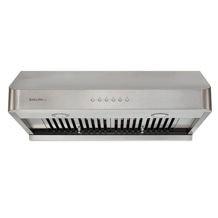 Sakura brand kitchen rangehood with baffle filter, in brushed stainless steel finish, featuring push button controls and LED lights.