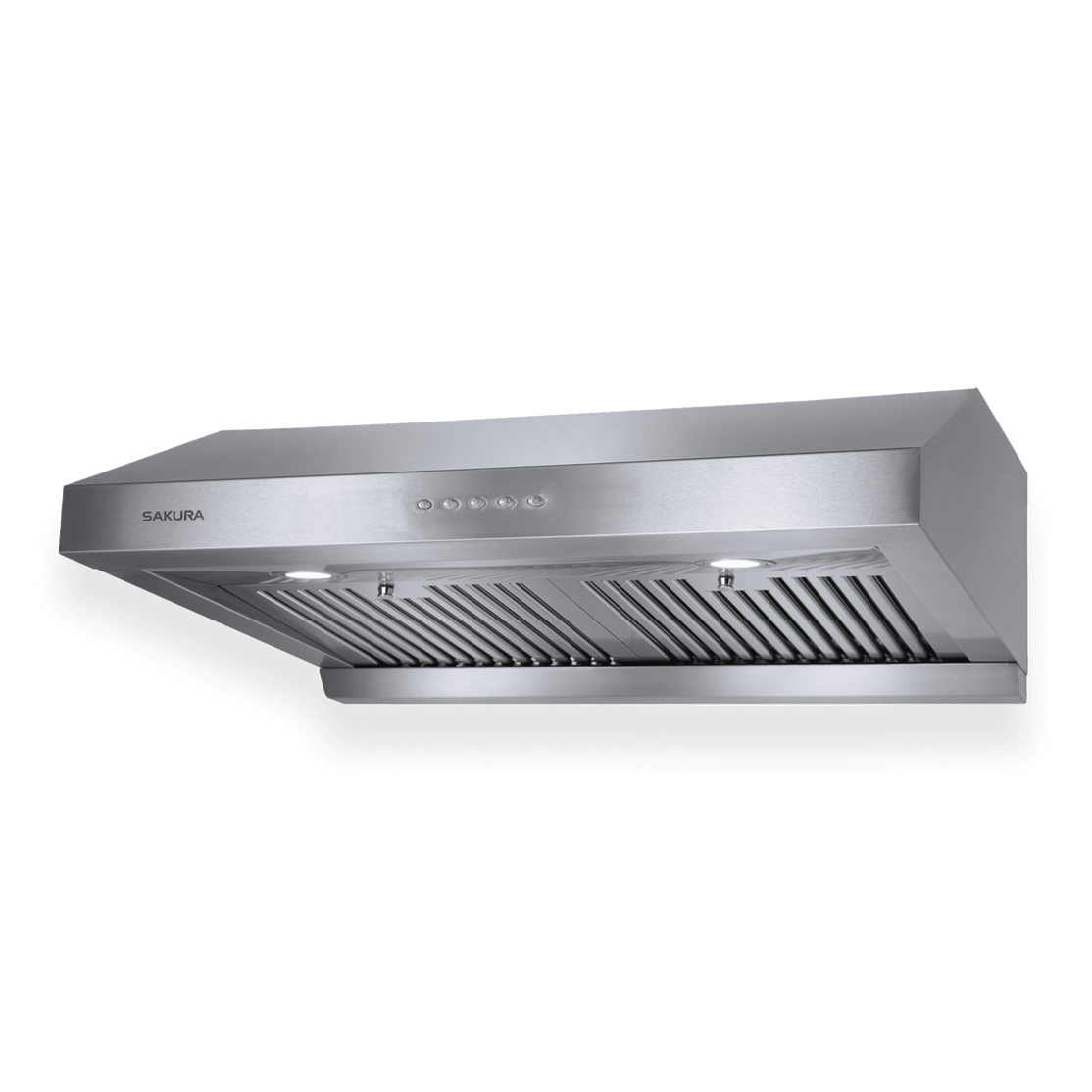 A 30'' wide Sakura brand kitchen range hood with baffle filter, made of polished stainless steel, featuring dual motor and push button controls.