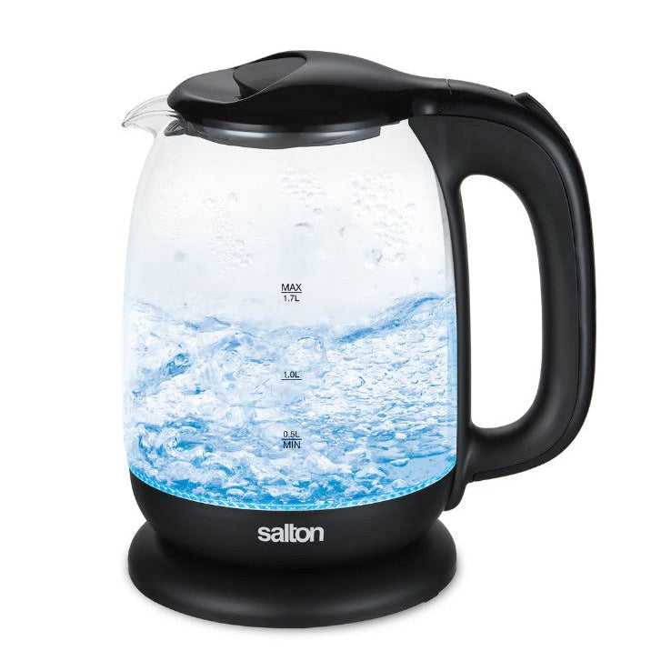 Salton 1.7L Cordless Glass Electric Kettle: 1100W, Blue LED Light, Black Trim | GK-2182