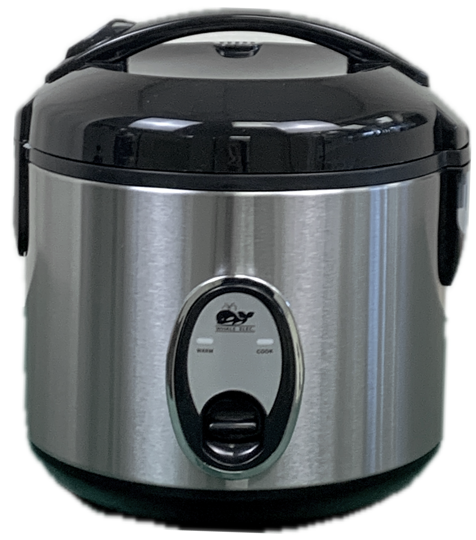 A black 4-cup rice cooker with a durable non-stick inner pot and keep-warm function, branded by Whale.