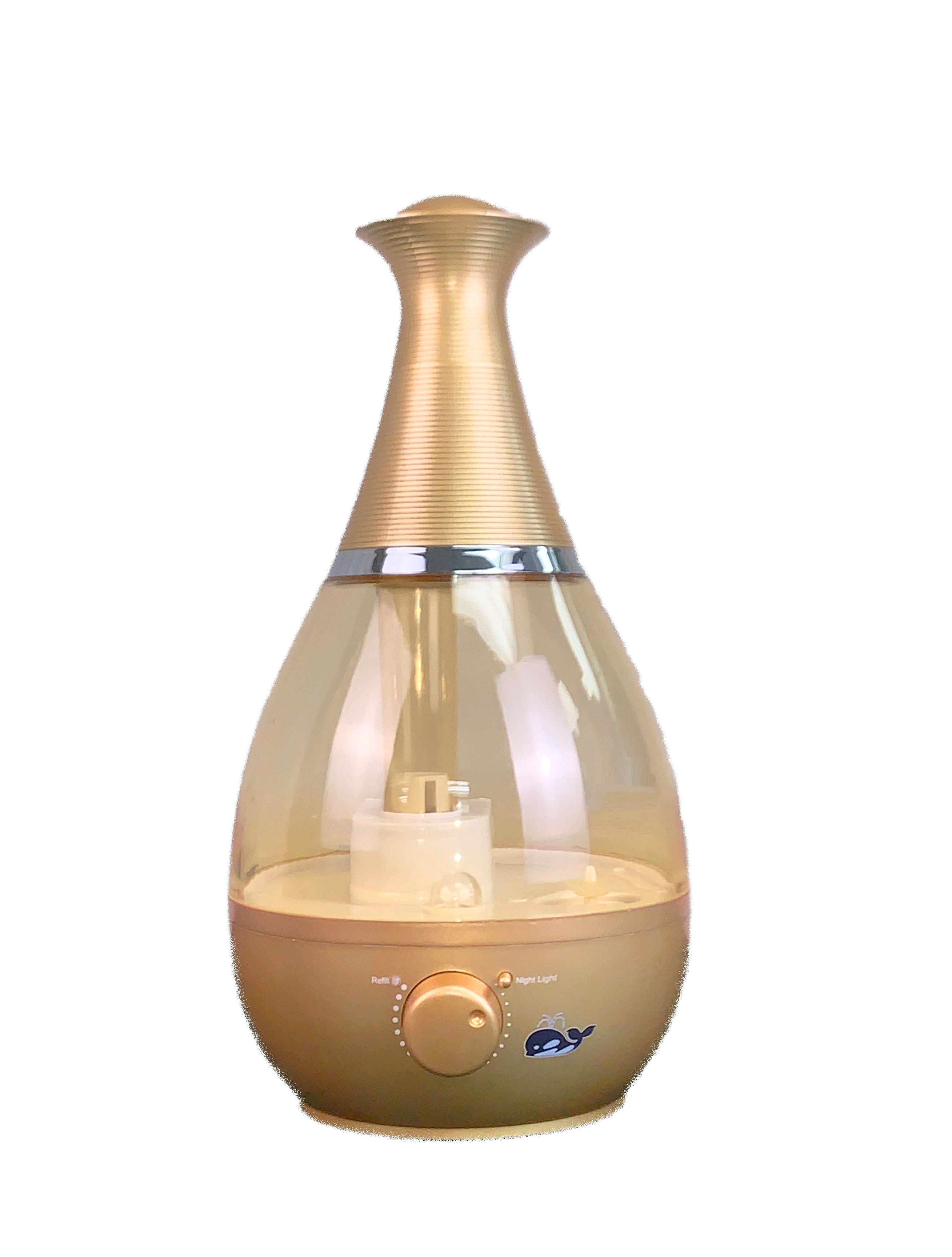 A gold-colored ultrasonic humidifier with a teardrop shape and a mist control knob at the bottom.