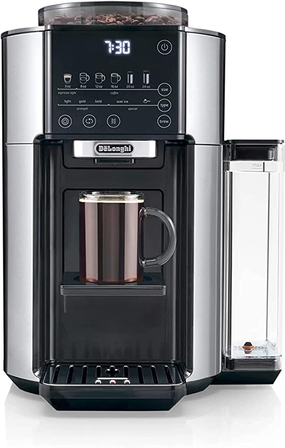 DeLonghi TrueBrew Drip Coffee Maker with built in grinder: Single Serve, 8 oz to 24 oz, Hot or Iced Coffee | CAM51025MB