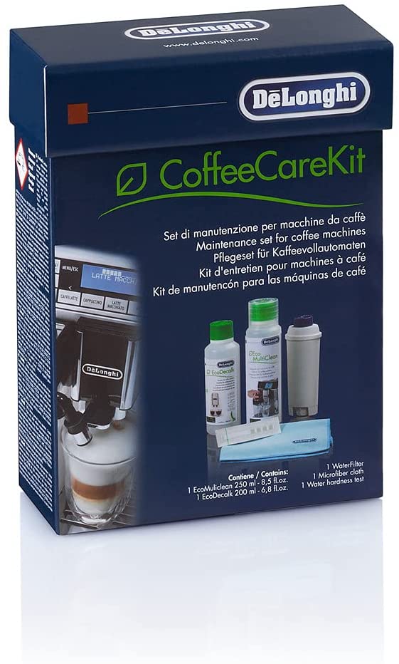 DeLonghi : DLSC306 Coffee Care Kit: includes 1 Water Filter, 1 EcoDecalk 200ml (2 doses), 1 Multiclean 250ml, Microfiber Cleaning Cloth & 1 Water Hardness Testing Kit