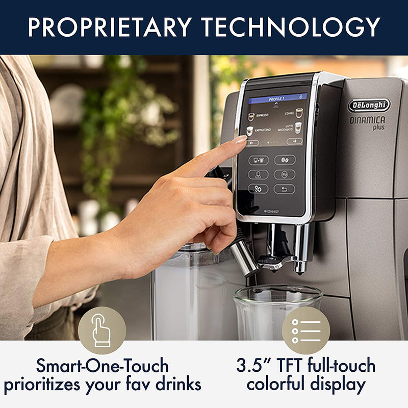 DeLonghi Dinamica Plus Connected Fully Automatic Espresso Maker: colour touch display, CoffeeLink connectivity app, automatic milk frother, titanium | ECAM37095TI