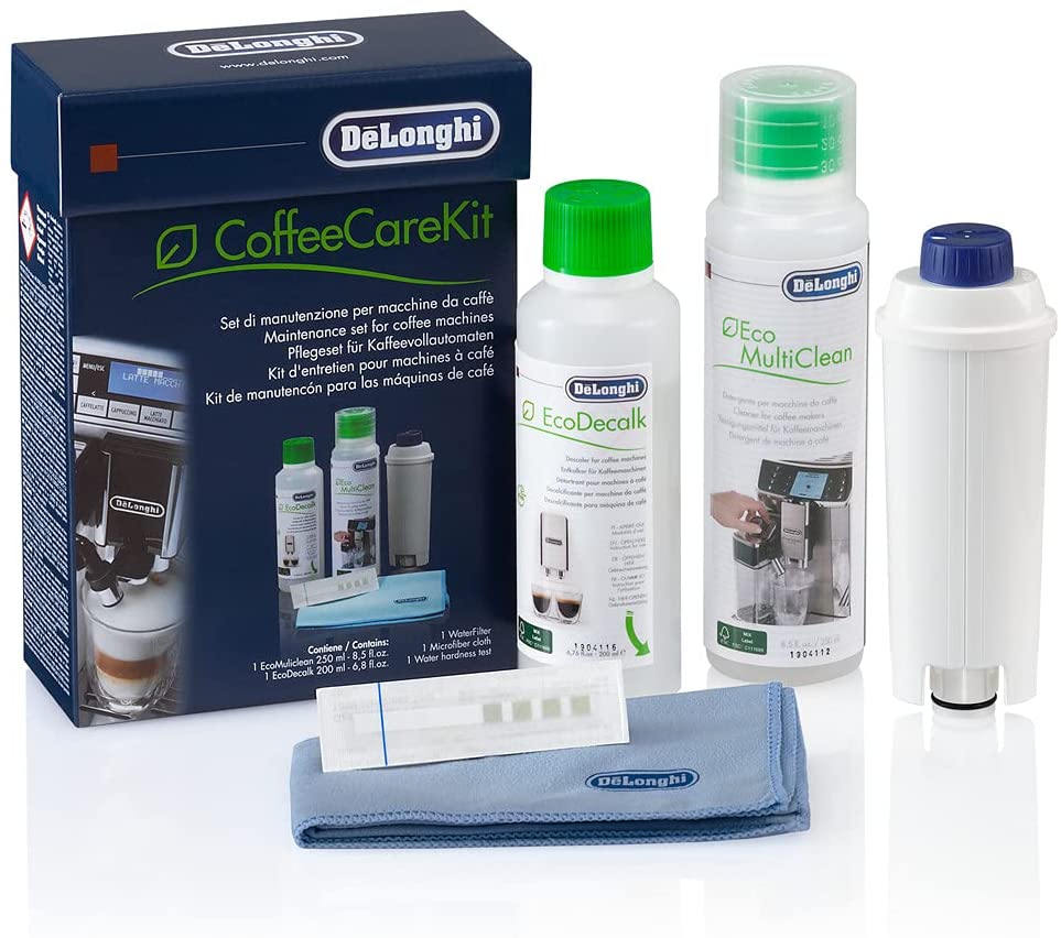DeLonghi : DLSC306 Coffee Care Kit: includes 1 Water Filter, 1 EcoDecalk 200ml (2 doses), 1 Multiclean 250ml, Microfiber Cleaning Cloth & 1 Water Hardness Testing Kit