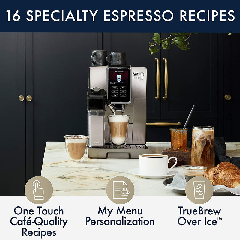 DeLonghi Dinamica Plus Connected Fully Automatic Espresso Maker: colour touch display, CoffeeLink connectivity app, automatic milk frother, titanium | ECAM37095TI