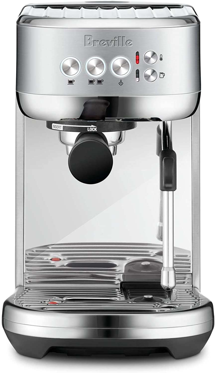 Breville The BAMBINO PLUS Espresso Maker, brushed stainless steel, with a visible portafilter, steam wand, and control panel.