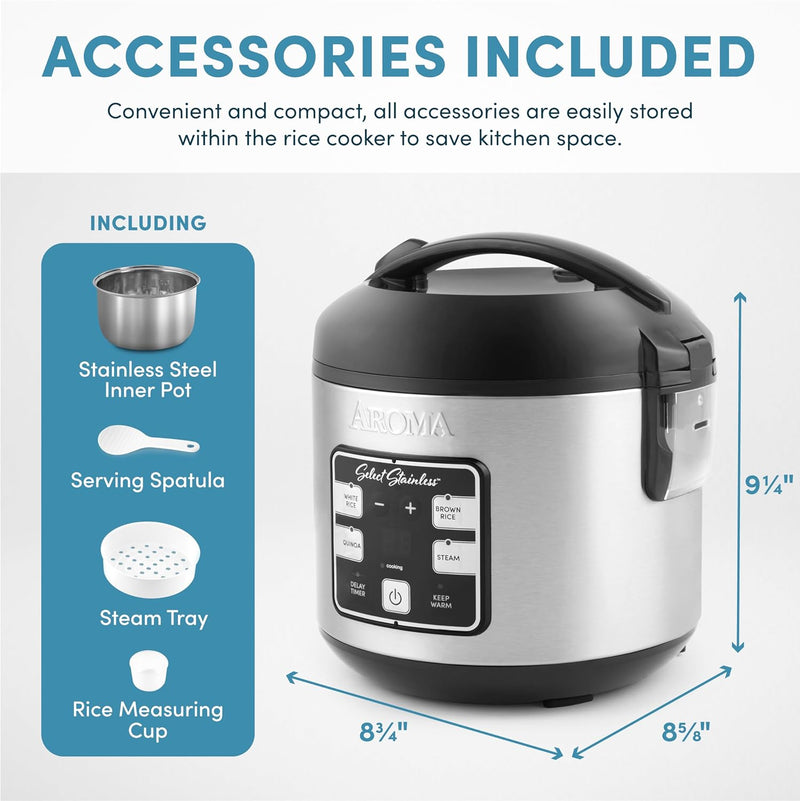 Aroma Rice Cooker 4 cups with s/s inner pot, digital, s/s + black body | ARC-914SBDS