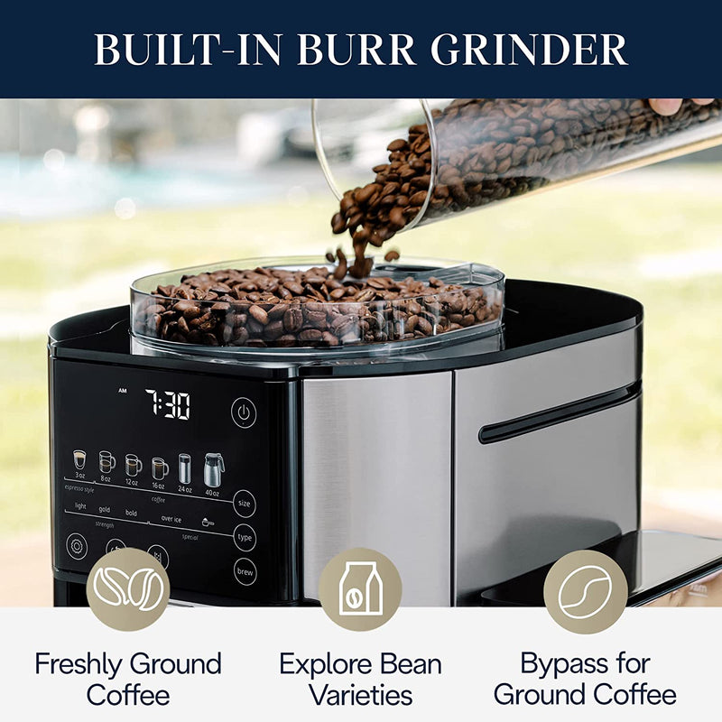 DeLonghi TrueBrew Drip Coffee Maker with built in grinder: Single Serve, 8 oz to 24 oz with 40 oz s/s Carafe, Hot or Iced Coffee | CAM51035M