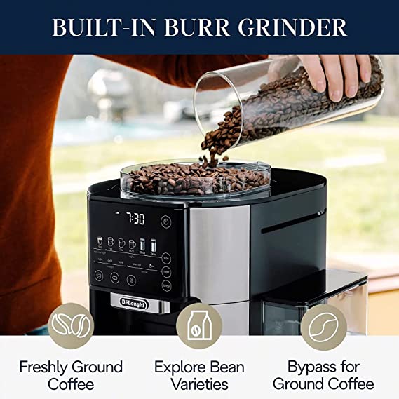 DeLonghi TrueBrew Drip Coffee Maker with built in grinder: Single Serve, 8 oz to 24 oz, Hot or Iced Coffee | CAM51025MB