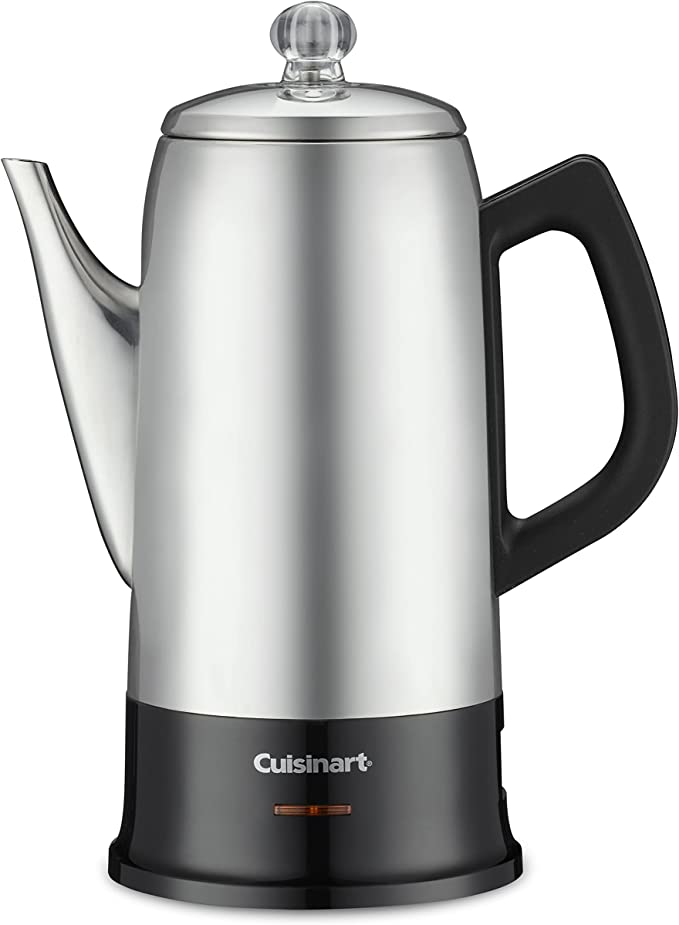 Cuisinart 12 cup polished stainless steel coffee percolator with a black handle and bottom, featuring measurement markings on the basket.
