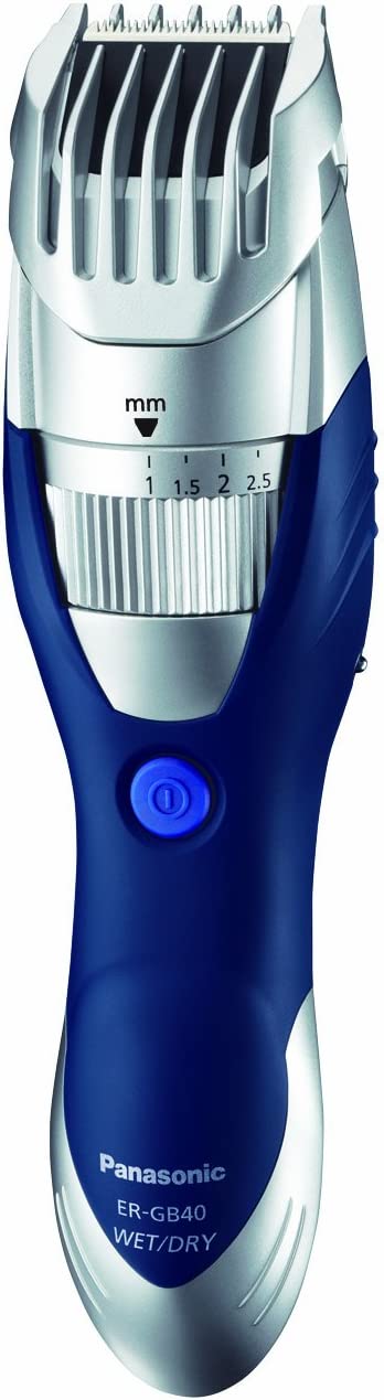Panasonic Cordless MILANO Hair/ Beard Trimmer, predominantly blue in color with silver accents, showing the side profile with adjustable settings dial visible.