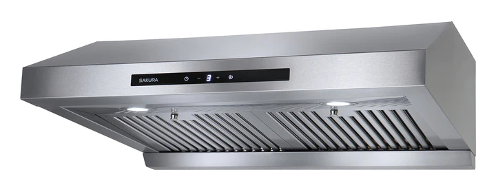 A polished stainless steel kitchen range hood with a baffle filter and a dual DC motor, featuring a touch screen control panel. High suction power and easy to clean baffle filters. Quiet operation kitchen fan.
