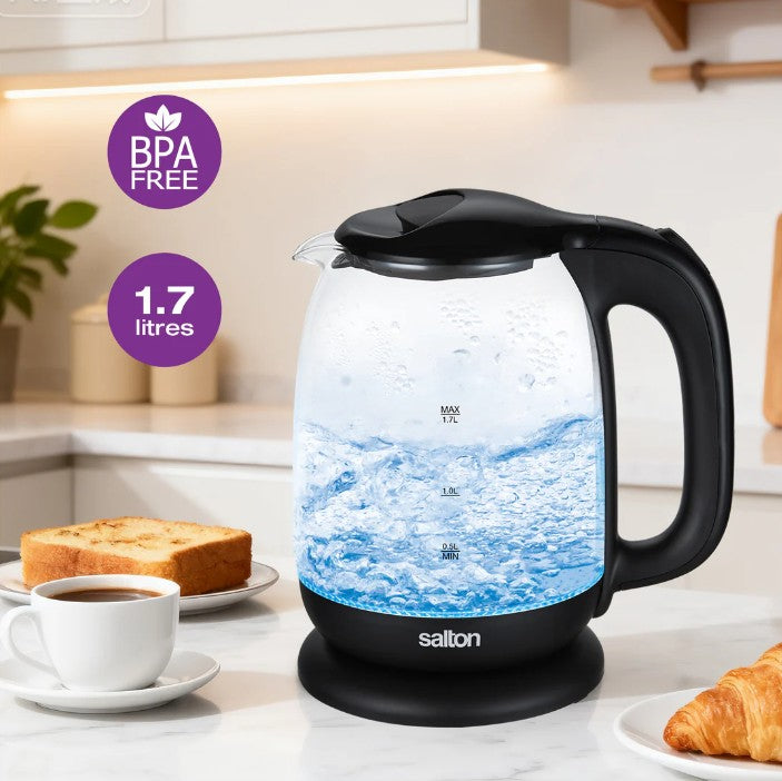 Salton 1.7L Cordless Glass Electric Kettle: 1100W, Blue LED Light, Black Trim | GK-2182