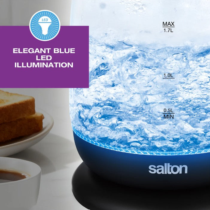Salton 1.7L Cordless Glass Electric Kettle: 1100W, Blue LED Light, Black Trim | GK-2182