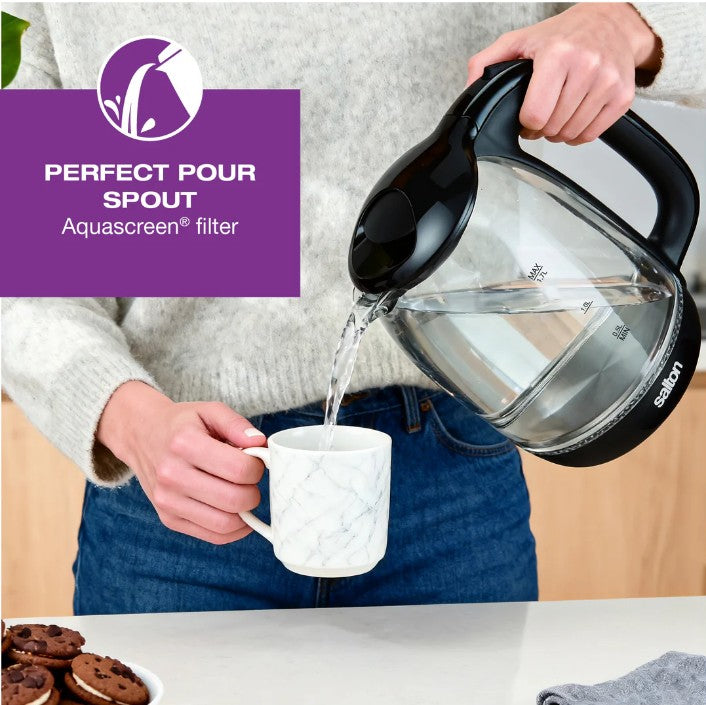 Salton 1.7L Cordless Glass Electric Kettle: 1100W, Blue LED Light, Black Trim | GK-2182