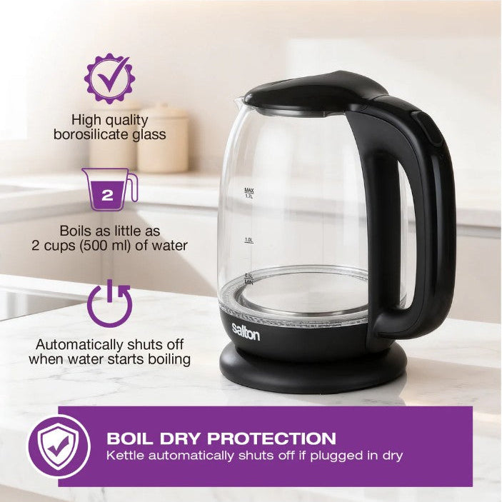 Salton 1.7L Cordless Glass Electric Kettle: 1100W, Blue LED Light, Black Trim | GK-2182