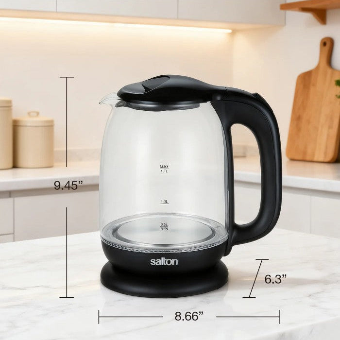 Salton 1.7L Cordless Glass Electric Kettle: 1100W, Blue LED Light, Black Trim | GK-2182