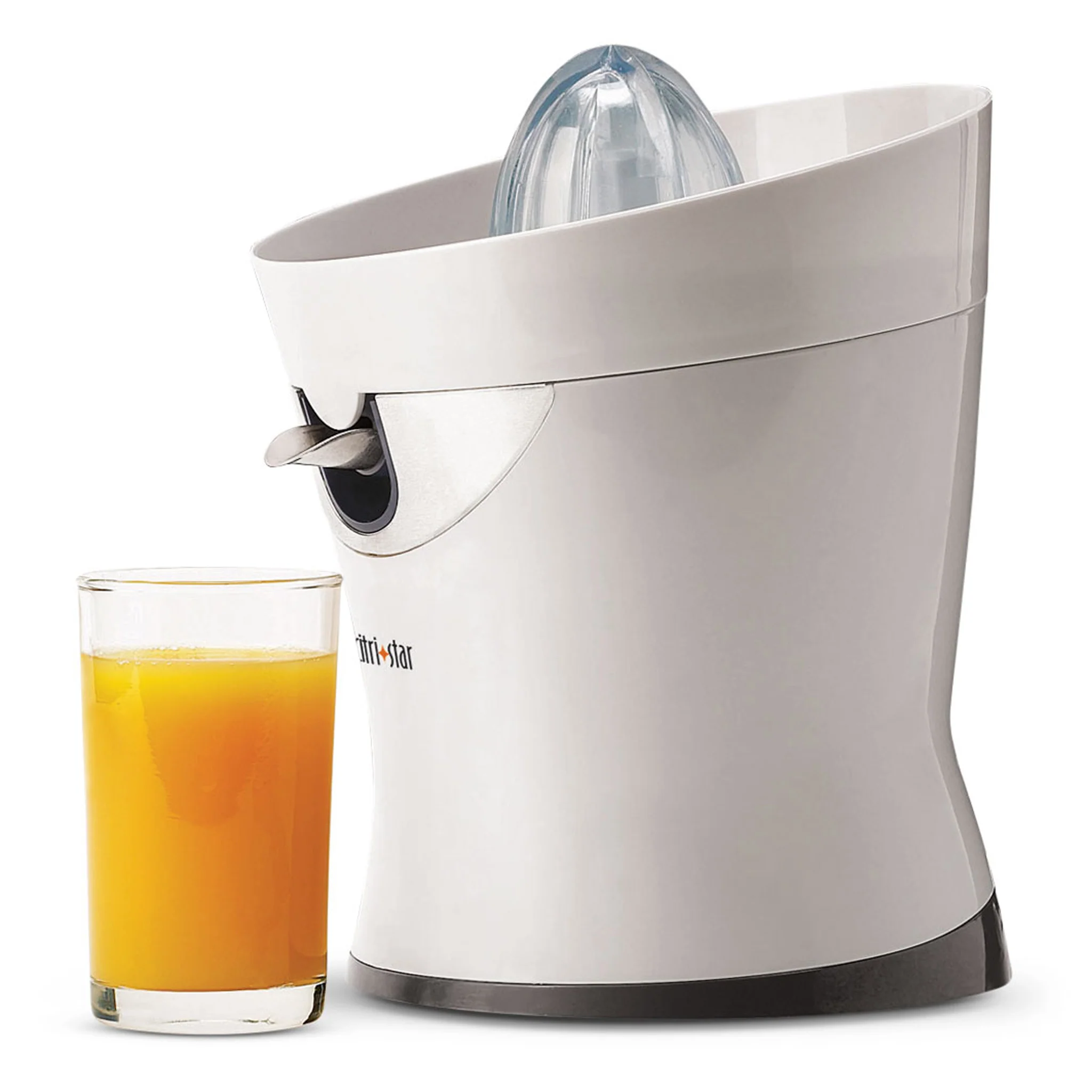 A white Tribest CitriStar citrus juicer with a stainless steel screen and spout, next to a glass of juice.