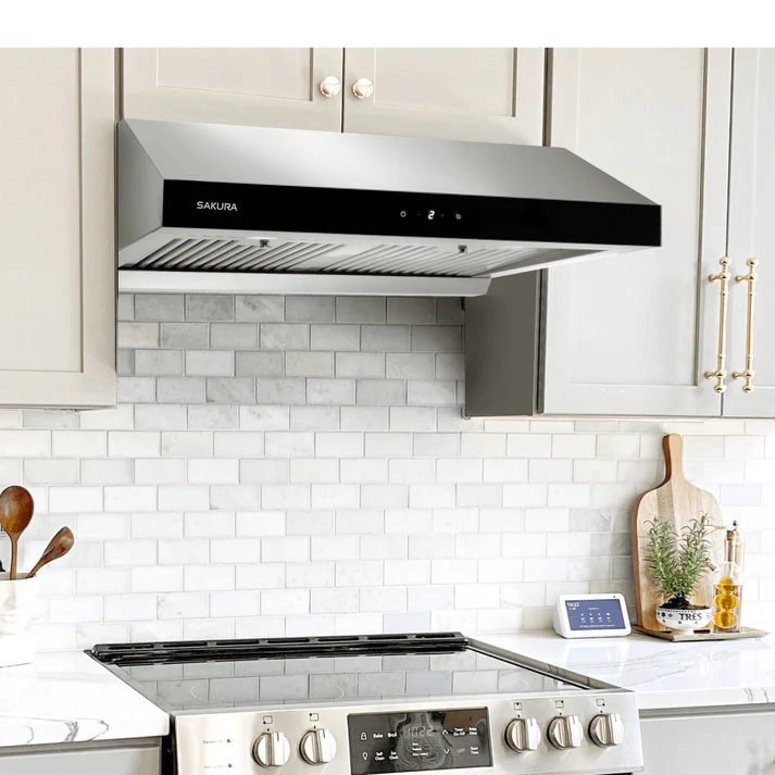 Sakura | R3312-30HS | Kitchen Rangehood: 30'' wide, under-cabinet, with baffle filter, polished s/s, dual AC motor, touch screen