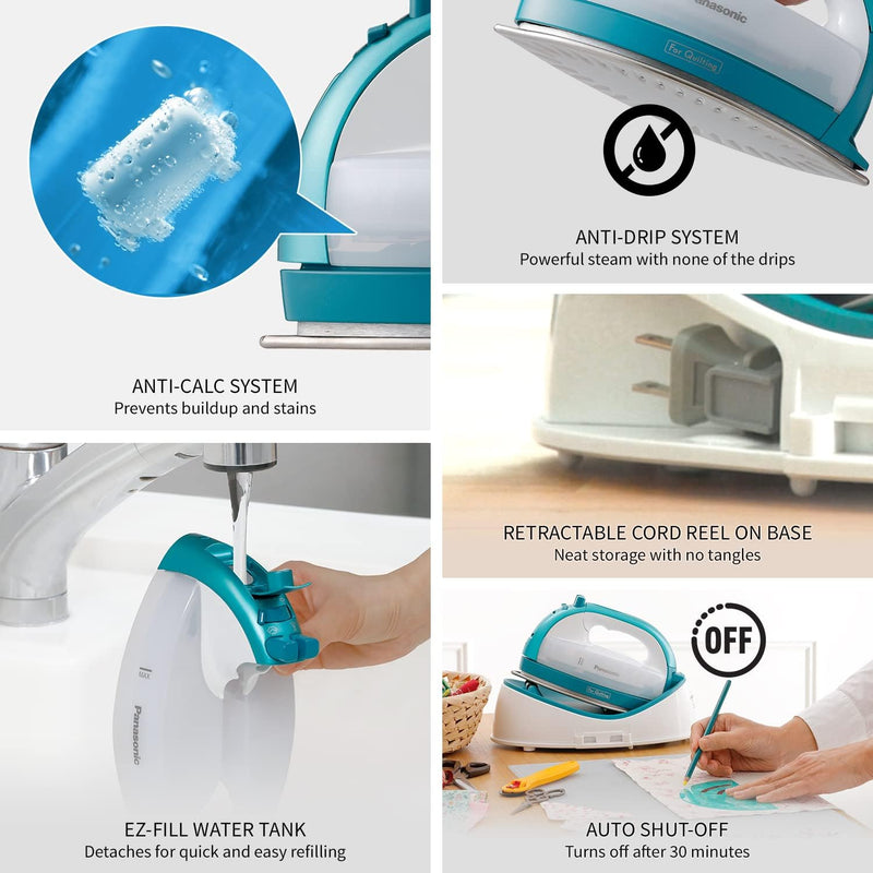Panasonic Cordless Iron: 360-Quick, cordless, nickel-coated stainless steel soleplate, with vertical steam, 1500W, blue & white | NI-QL1000