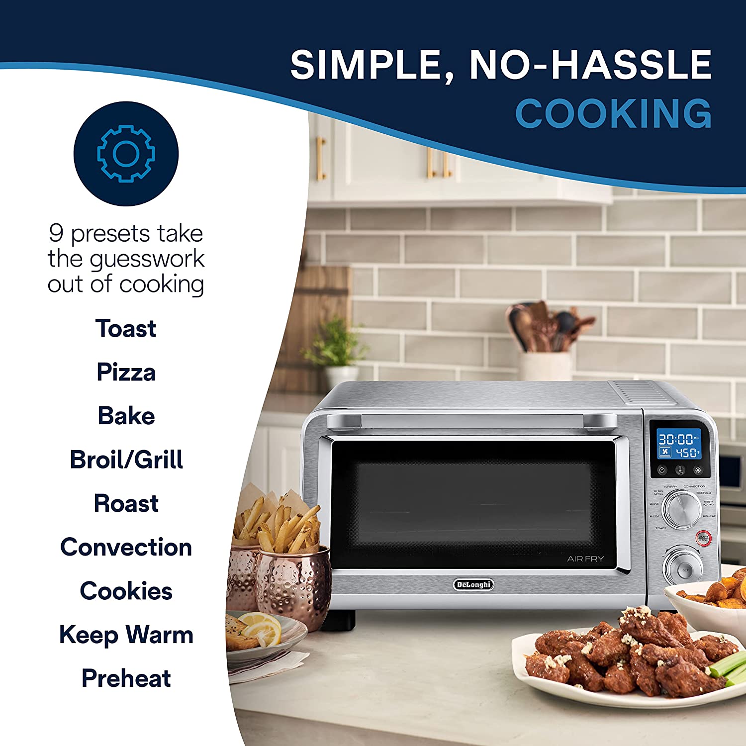 DeLonghi Livenza 9-in-1 Air Fry Convection Oven, 0.5 cu.ft, digital controls, s/s | EO141164M