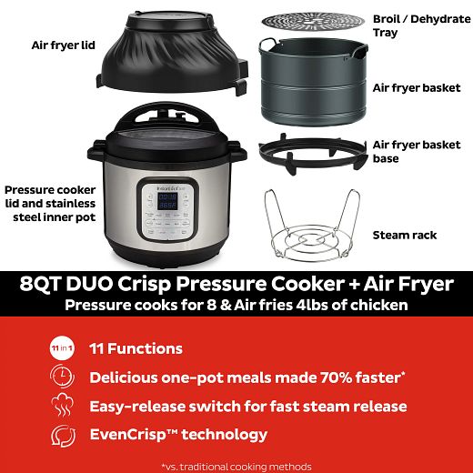 Instant Pot Pressure Cooker Air Fryer: quart, 11-in-1 multi-use pr