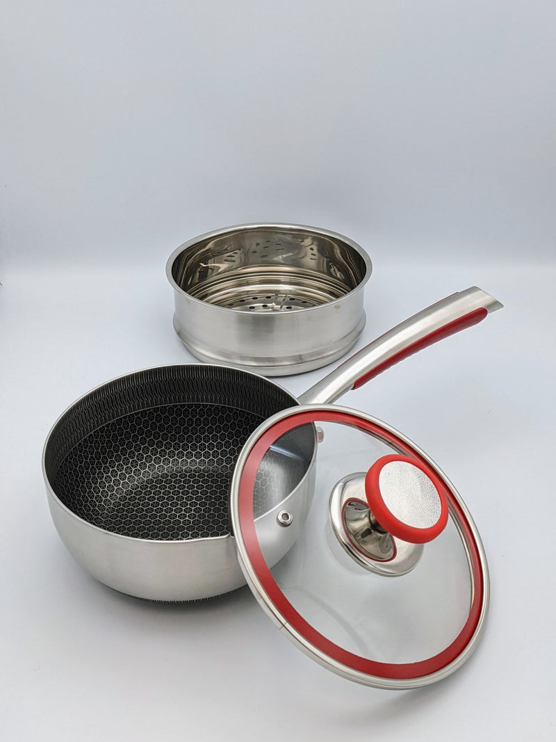 SUS Hybrid Sauce Pan: 18cm with s/s Steamer and glass lid | BC-HW18SPG+S