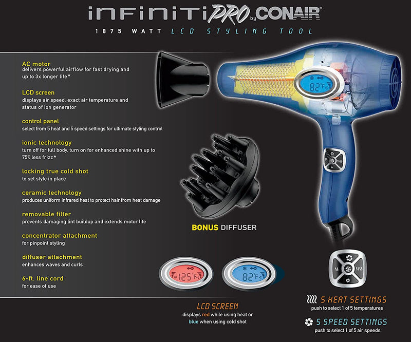 Infiniti Hair Dryer: 1875W, AC motor, 5-heat, 5-speed | 550SDMC