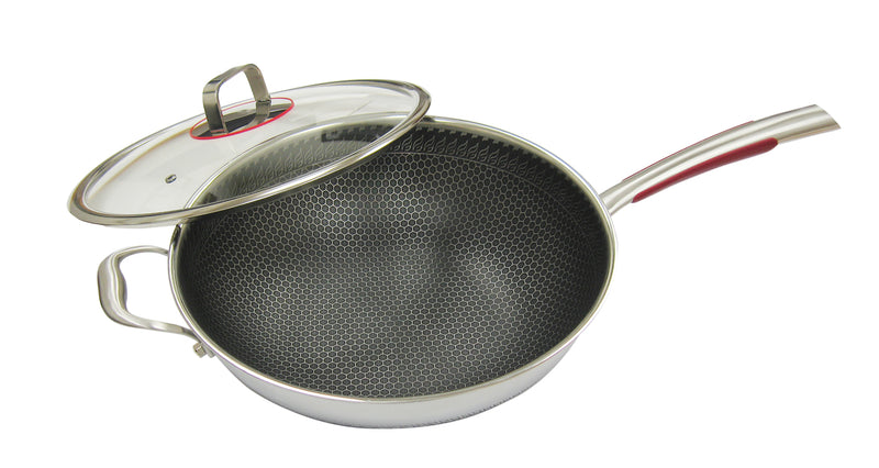 Laser Etched Hybrid non-stick 3-ply stainless steel Wok |BCHW34G| 34cm with glass lid