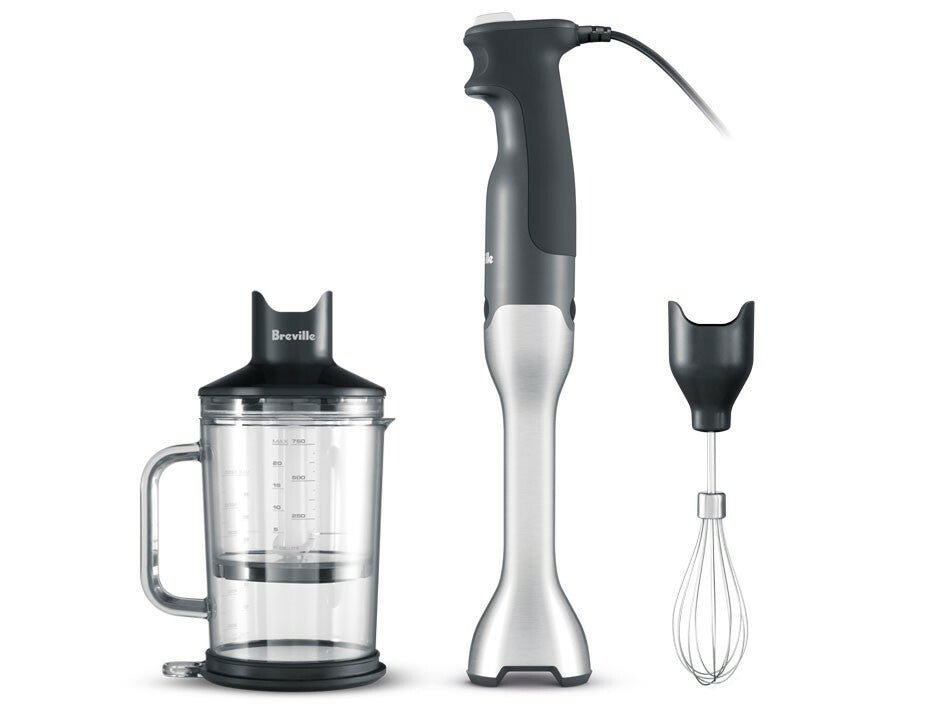 A Breville hand blender with a black and silver color scheme, including a chopping bowl, a jug with dual purpose storage lid, and a whisk attachment.