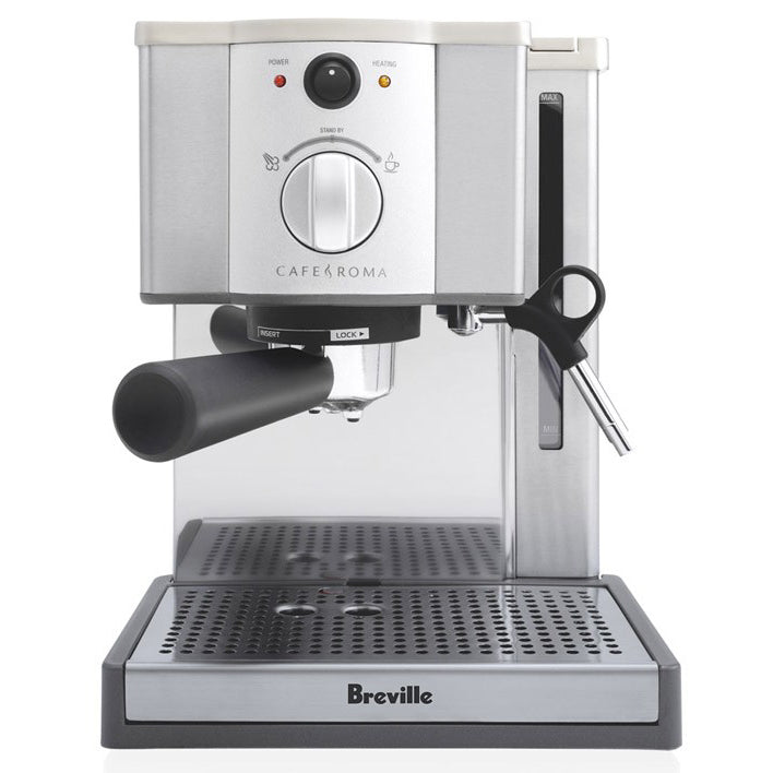 Breville Cafe Roma Espresso Maker with a chrome finish, featuring a steam wand, selector dial, and Breville branding.