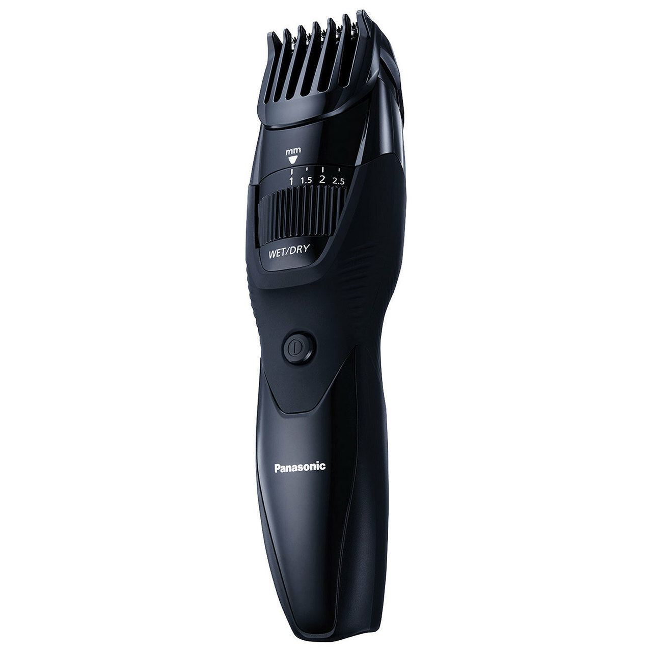 A Panasonic wet/dry rechargeable hair and beard trimmer, black in color, with an adjustable dial and a display.