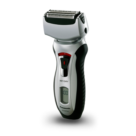 Panasonic electric shaver with a pivoting head, three blade system, and a pop-up trimmer, in silver and black color, featuring an LCD screen on the handle.