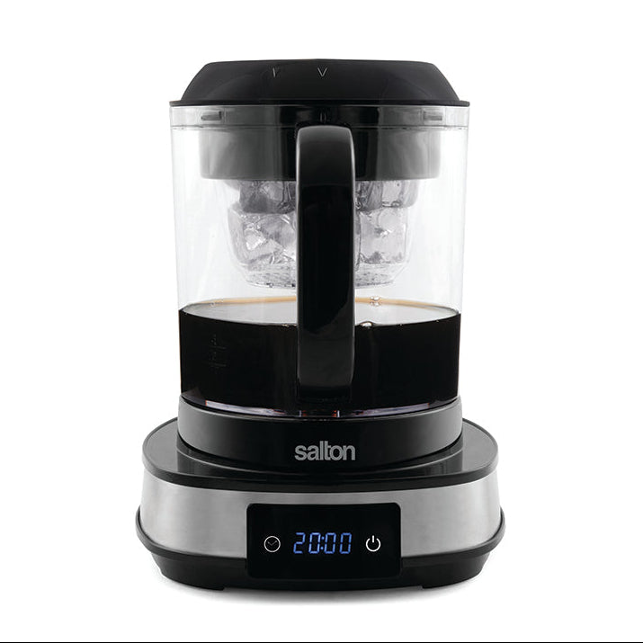 A digital Salton cold brew coffee maker with a 7 cup capacity, featuring a stainless steel and black color scheme, an LCD display, and a transparent brewing basket.