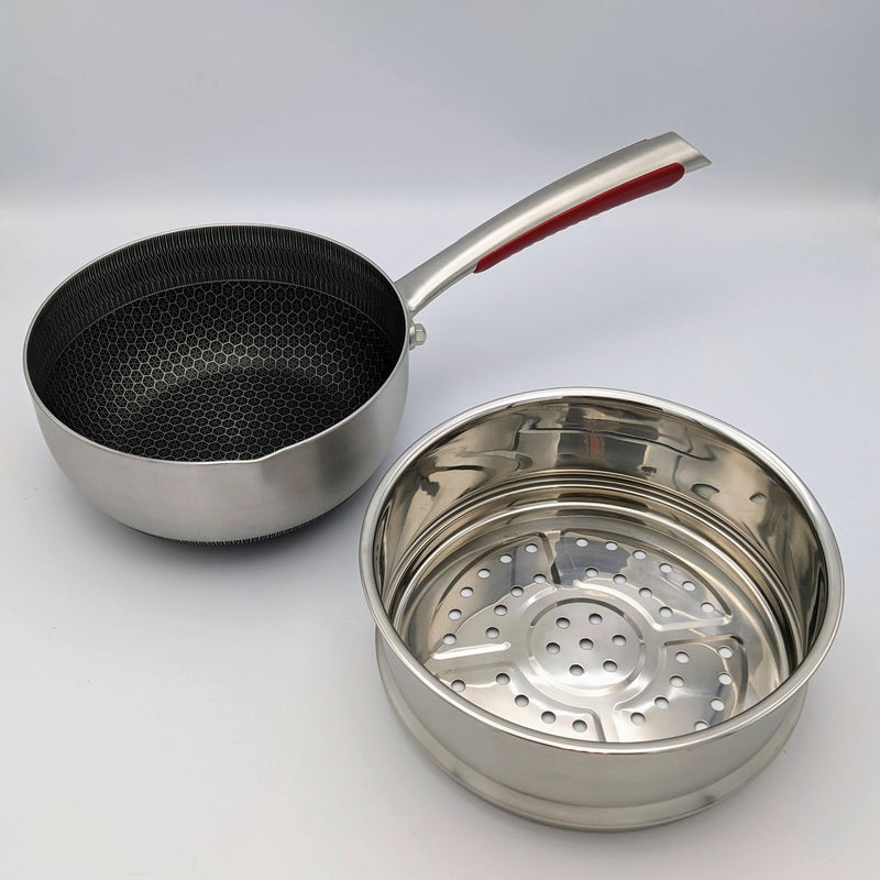 SUS Hybrid Sauce Pan: 18cm with s/s Steamer and glass lid | BC-HW18SPG+S